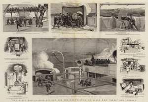 De maritieme mobilisatie, groot kanon en torpedo-oefening aan boord van H.M.S. Hero en Rodney